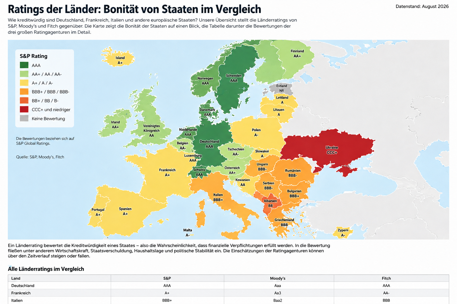 Länderratings Europa 2026 – Karte zur Bonität europäischer Staaten