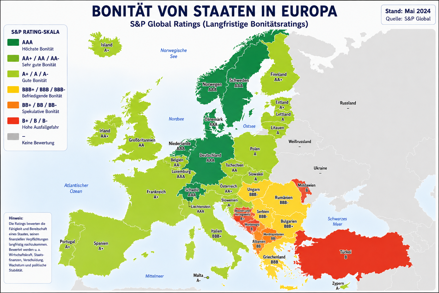 Länderratings Europa 2026 – Karte zur Bonität europäischer Staaten