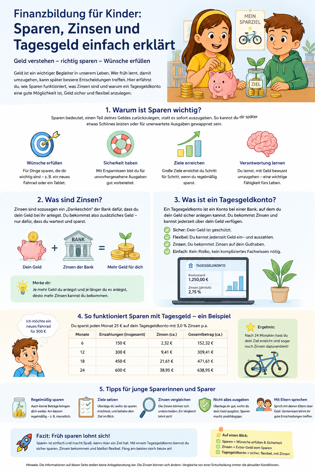 Infografik zur Finanzbildung für Kinder mit Sparen, Zinsen und Tagesgeld